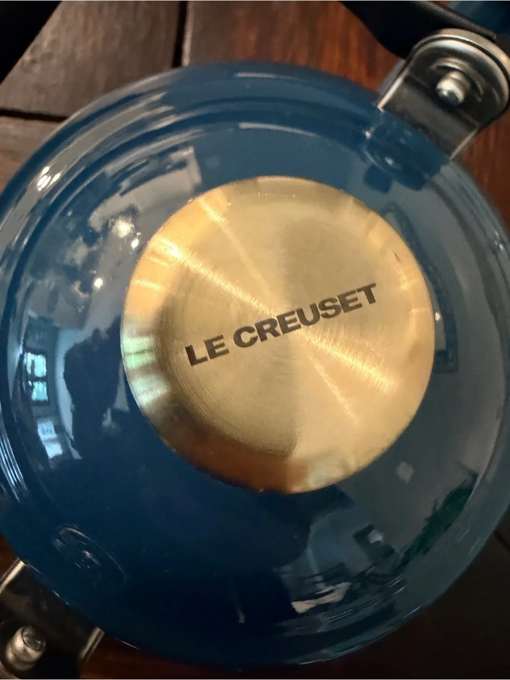 Le Creuset 1.25 Qt Whistling Tea Kettle Agave Blue Enamel on Steel w/ Gold Knob